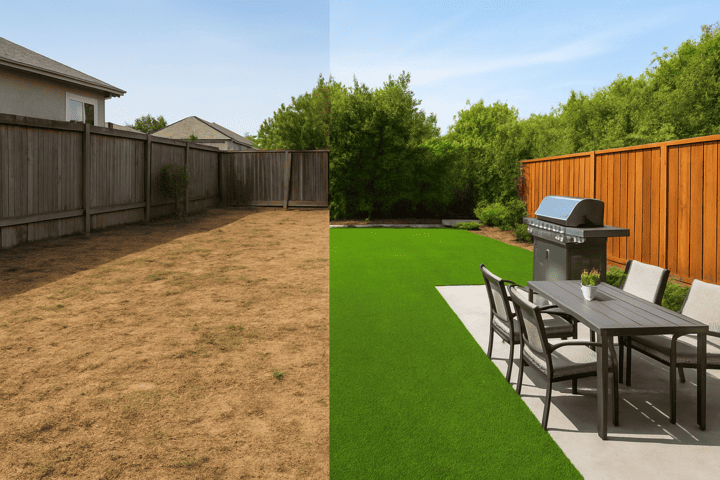 Family backyard with soft artificial grass from CGT Leisure Grass Series—before and after