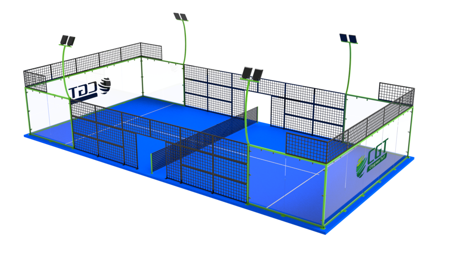 Outdoor padel court structure with glass system lighting and artificial turf